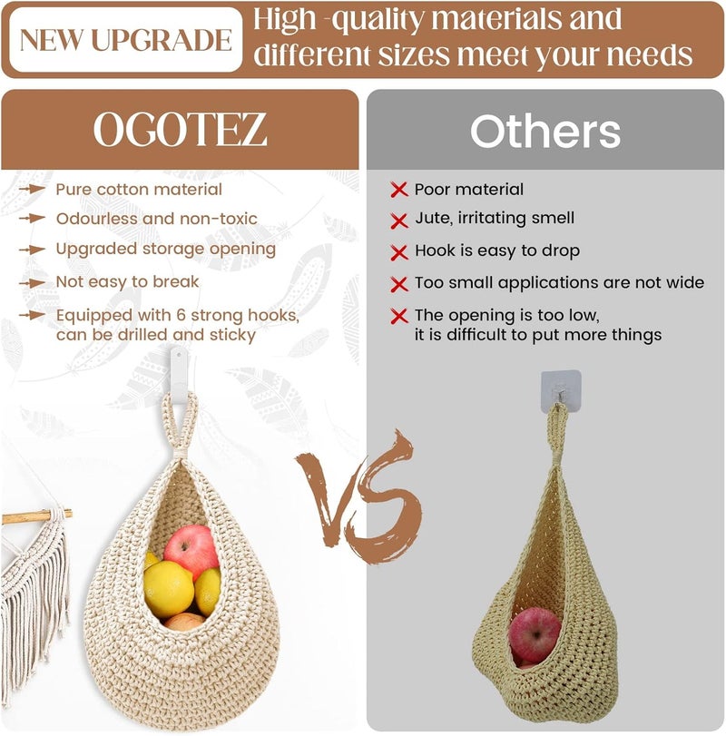 OGOTEZ Hanging Fruit Baskets for Kitchen - 3 Pack Boho Wall Hanging Basket with 6 Pcs Strong Hooks, Handwoven Onion Storage Teardrop Home Onion Basket for Fruits Vegetable Potato Kitchen Storage (White) - Image 2